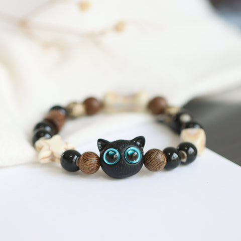 BITEFU Cute Owl Bracelet with Little Black Cat Tire and Ceramic Beads