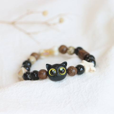 BITEFU Cute Owl Bracelet with Little Black Cat Tire and Ceramic Beads