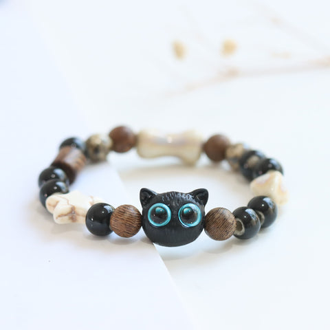 BITEFU Cute Owl Bracelet with Little Black Cat Tire and Ceramic Beads