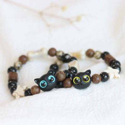 BITEFU Cute Owl Bracelet with Little Black Cat Tire and Ceramic Beads