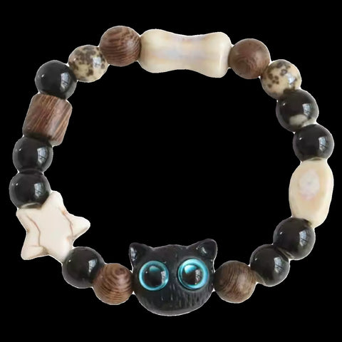 BITEFU Cute Owl Bracelet with Little Black Cat Tire and Ceramic Beads
