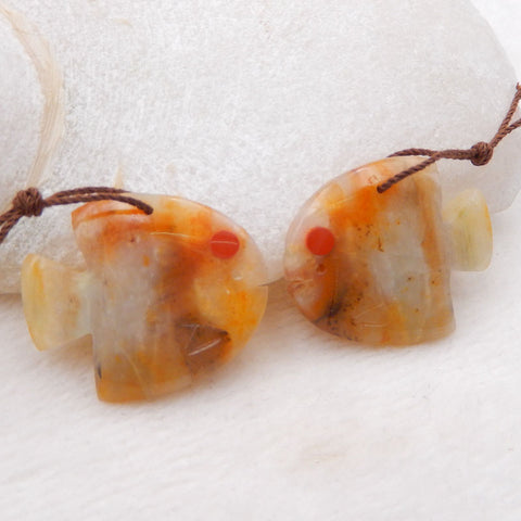 Intarsia of Amazonite And Red River Carved Fish Earring Beads 28x22x4mm, 7.2g
