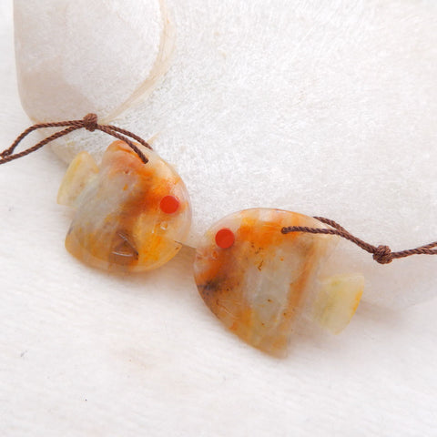 Intarsia of Amazonite And Red River Carved Fish Earring Beads 28x22x4mm, 7.2g