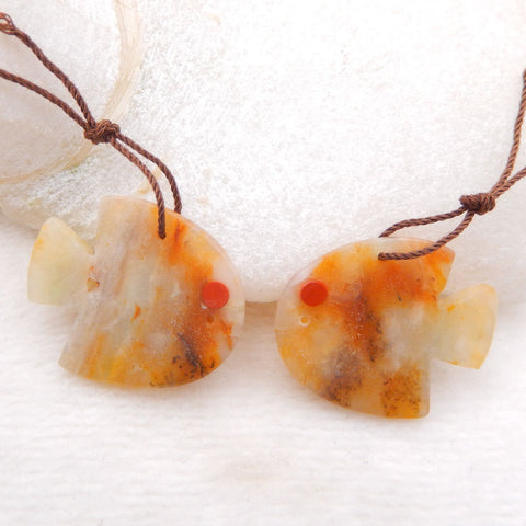 Intarsia of Amazonite And Red River Carved Fish Earring Beads 28x22x4mm, 7.2g