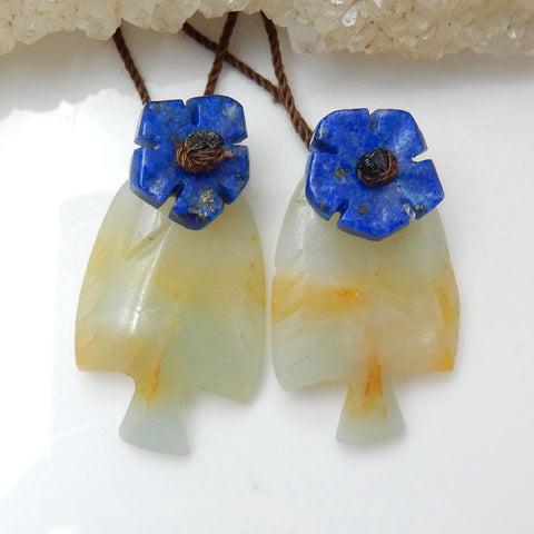 Nouveau poisson sculpté en pierres précieuses naturelles Amazonite avec lapis lazuli ntarsia mode paires de boucles d'oreilles en pierres précieuses, 28x18x3mm, 10x10x2mm, 7g