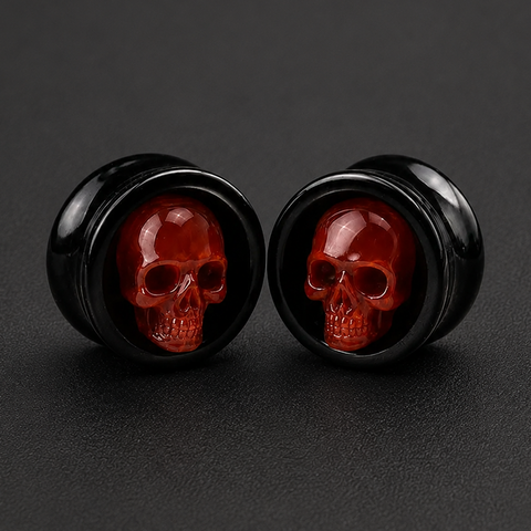 Black Obsidian Skull Ear Plugs with Carnelian Inlay, Gothic Double Flared Gauges, Handmade Stone Ear Gauges