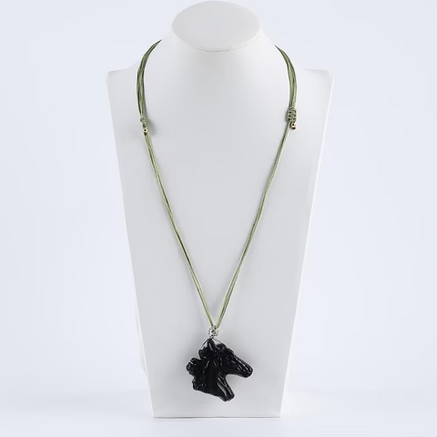 1 Strand 30 Inch Carved Obsidian Horse Head Gemstone Pendant Adjustable Necklace, Unique Jewelry, 38x41x10mm, 28g
