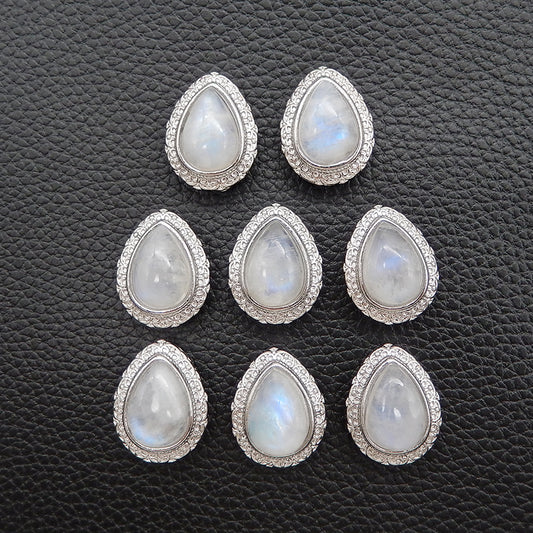 Natural Moonstone Brass Plated Silver Pendant Bead, Gemstone Jewelry Gift 20x16x12mm, 4.3g
