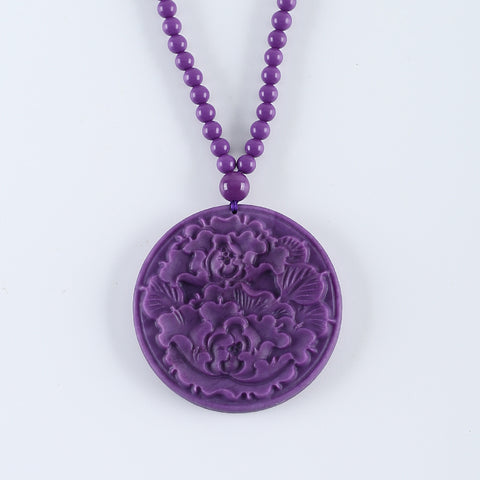 1 Strand Adjustable High Quality Phosphosiderite Gemstone Necklace,Carved Purple Flower Pendant,24 Inch,52×7mm,5mm,8mm,52g