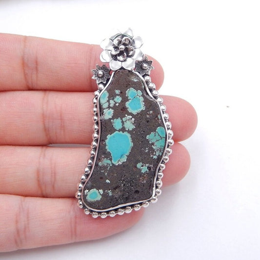 Natural Turquoise Pendant with 925 Sterling Silver flower Accessory 53x26x6mm, 14.8g