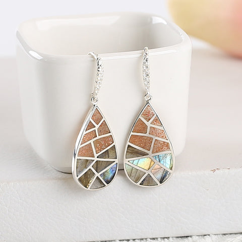 New Arrival! Handmade Intarsia Earrings, Natural Stone Sun Stone And Flash Labradorite, Sterling Silver 925 Women Earrings Vintage Jewelry,45x17x2mm, 6.7g