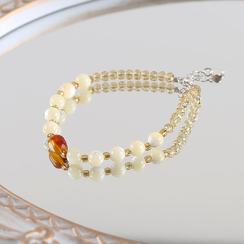 1 Strand Natural 4mm Yellow Quartz And 6mm Shell Beads Bracelet,17-19cm,4×3mm,6mm,9×6mm,5.8g