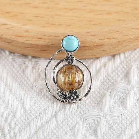 New Arrival!Handmade Jewelry Sterling Silver 925 Turquoise And Gold Rutilated Quartz Pendant,26×18×7mm, 3.4g