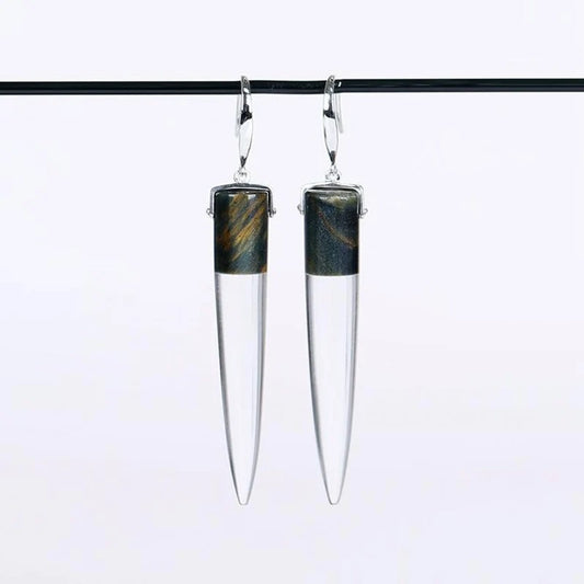 Intarsia of Tiger-Eye and White Quartz Earrings with 925 Sterling Silver 45x8mm, 8.9g