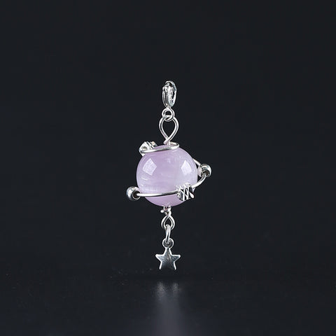 Natural Kunzite Brass Plated Silver Pendant Bead, Gemstone Jewelry Gift, 33x19mm, 4.7g