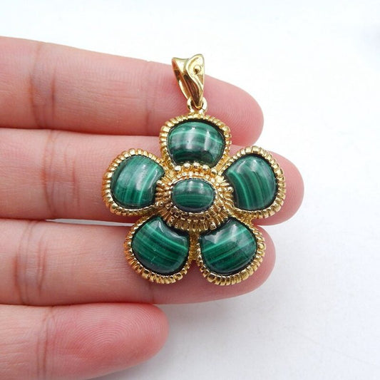 Natural Malachite Gemstone Pendant Carved flower with Copper Accessory 28x31x9mm, 9.3g