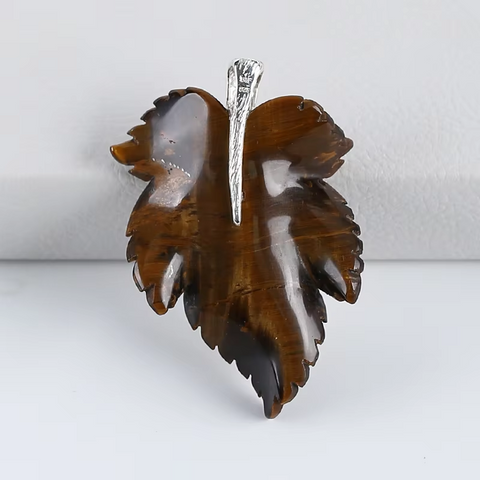 925 Sterling Silver Pendant Natural Stone Tiger-Eye Handcarved Leaf Pendant Bead Necklace Accessories 59x39x7mm 20.7g