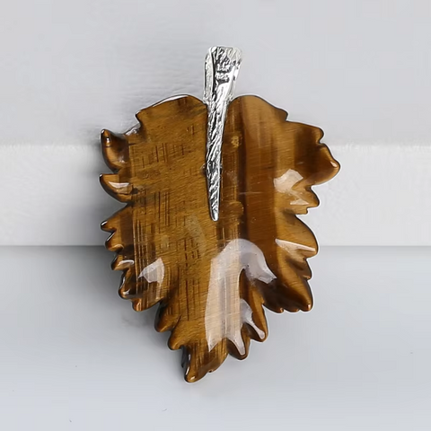 925 Sterling Silver Pendant Natural Stone Tiger-Eye Handcarved Leaf Pendant Bead Necklace Accessories 59x39x7mm 20.7g
