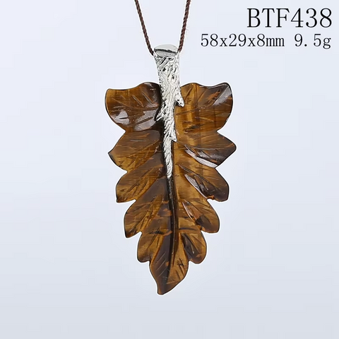925 Sterling Silver Pendant Natural Stone Tiger-Eye Handcarved Leaf Pendant Bead Necklace Accessories 59x39x7mm 20.7g