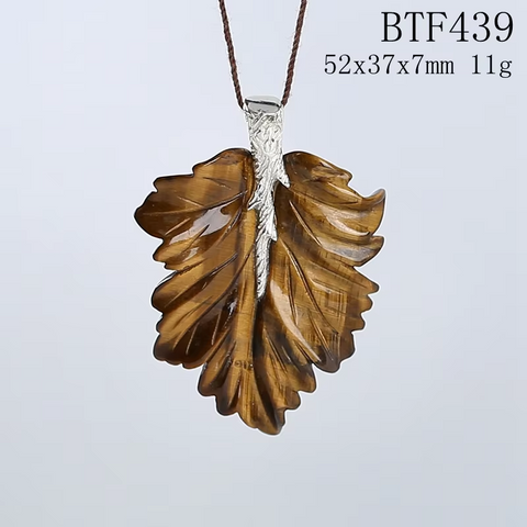 925 Sterling Silver Pendant Natural Stone Tiger-Eye Handcarved Leaf Pendant Bead Necklace Accessories 59x39x7mm 20.7g