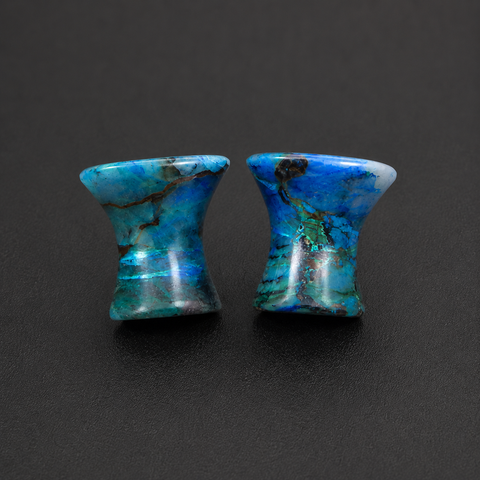 Natural Chrysocolla Mayan Flare Ear Tunnels - Hand-Carved Gemstone Plugs (Sold as Pair)