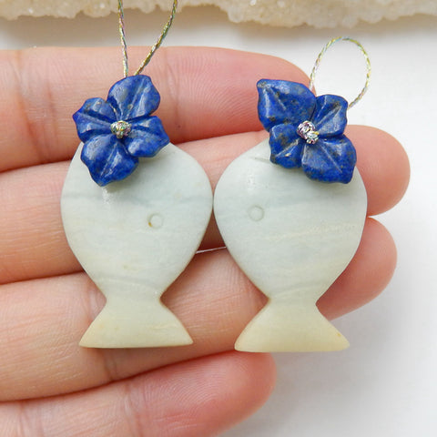 Nouveau poisson sculpté en pierres précieuses naturelles Amazonite avec lapis lazuli ntarsia mode paires de boucles d'oreilles en pierres précieuses, 28x18x3mm, 10x10x2mm, 7g