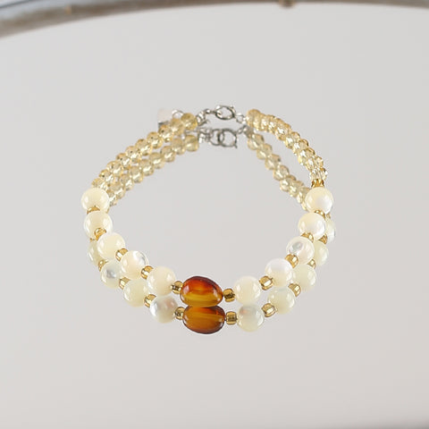 1 Strand Natural 4mm Yellow Quartz And 6mm Shell Beads Bracelet,17-19cm,4×3mm,6mm,9×6mm,5.8g