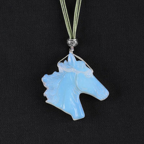 1 Strand 30 Inch Carved Opalite Horse Head Gemstone Pendant Adjustable Necklace, Unique Jewelry, 38x41x10mm, 27g