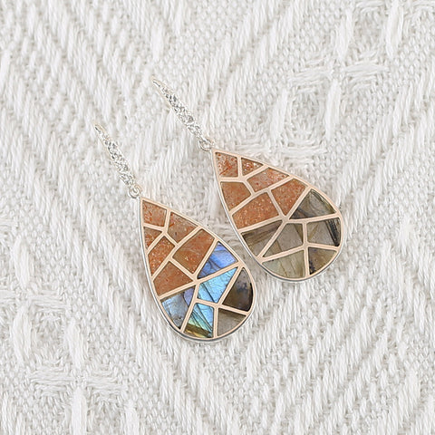 New Arrival! Handmade Intarsia Earrings, Natural Stone Sun Stone And Flash Labradorite, Sterling Silver 925 Women Earrings Vintage Jewelry,45x17x2mm, 6.7g