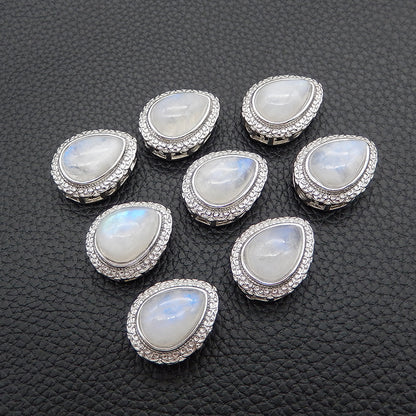 Natural Moonstone Brass Plated Silver Pendant Bead, Gemstone Jewelry Gift 20x16x12mm, 4.3g