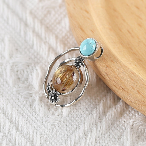 New Arrival!Handmade Jewelry Sterling Silver 925 Turquoise And Gold Rutilated Quartz Pendant,26×18×7mm, 3.4g