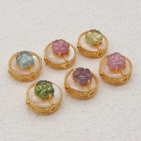 BITEFU 1 PC Silver Gold Plated Natural High Quality Tourmaline And MOP Round Gemstone Pendant Beads, Jewelry DIY Making, 0.8g