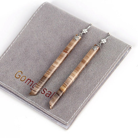 Natural Wood Fossil Long Dangle Earrings with 925 Sterling Silver Accessory 56x4mm, 5.4g