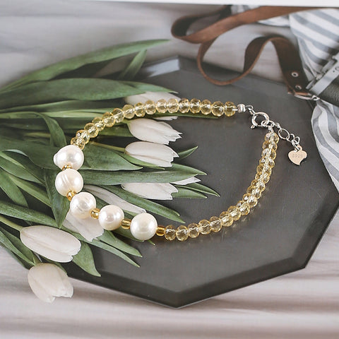 1 Strand Natural Yellow Quartz And Pearl Beads Bracelet,17-19cm,4×3mm,7mm,5.8g
