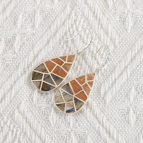 New Arrival! Handmade Intarsia Earrings, Natural Stone Sun Stone And Flash Labradorite, Sterling Silver 925 Women Earrings Vintage Jewelry,45x17x2mm, 6.7g