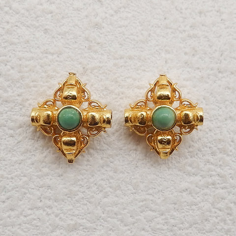 1 Pair Silver Gold Plated Natural Turquoise Gemstone Earring Beads,Lovely Earring Pair for Design,11x10x7mm,2g