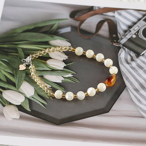 1 Strand Natural 4mm Yellow Quartz And 6mm Shell Beads Bracelet,17-19cm,4×3mm,6mm,9×6mm,5.8g