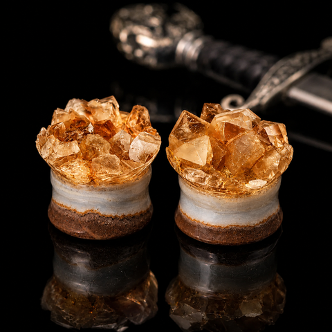 Raw Citrine Cluster Double Flared Plugs - Handcrafted Stone Gauge Pair