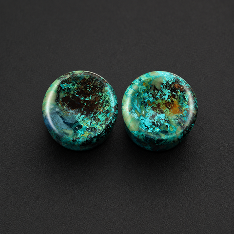 Natural Chrysocolla Mayan Flare Plugs with Concave Front & Back - Hand-Carved Gemstone Gauges (Sold as Pair)