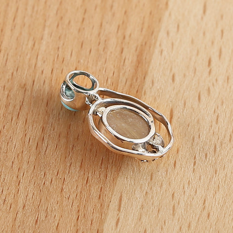 New Arrival!Handmade Jewelry Sterling Silver 925 Turquoise And Gold Rutilated Quartz Pendant,26×18×7mm, 3.4g
