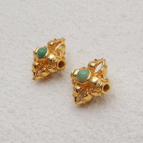 1 Pair Silver Gold Plated Natural Turquoise Gemstone Earring Beads,Lovely Earring Pair for Design,11x10x7mm,2g