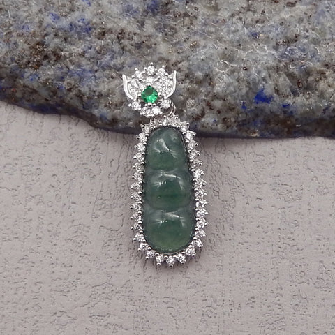 Natural Gemstone Jadeite Pendant, 925 Sterling Silver Inlaid Pendant,Jewelry DIY Making,26x10x5mm, 1.8g