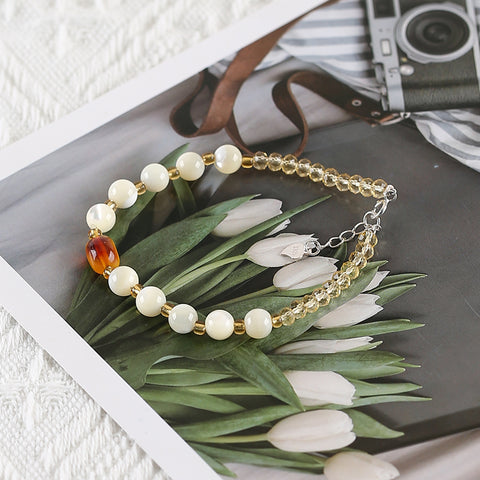 1 Strand Natural 4mm Yellow Quartz And 6mm Shell Beads Bracelet,17-19cm,4×3mm,6mm,9×6mm,5.8g