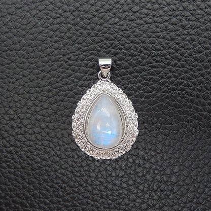 Natural Moonstone Brass Plated Silver Pendant Bead, Gemstone Jewelry Gift 29x18x8mm, 3.5g