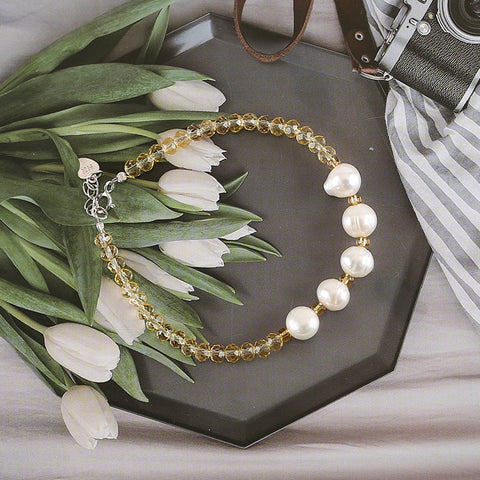 1 Strand Natural Yellow Quartz And Pearl Beads Bracelet,17-19cm,4×3mm,7mm,5.8g