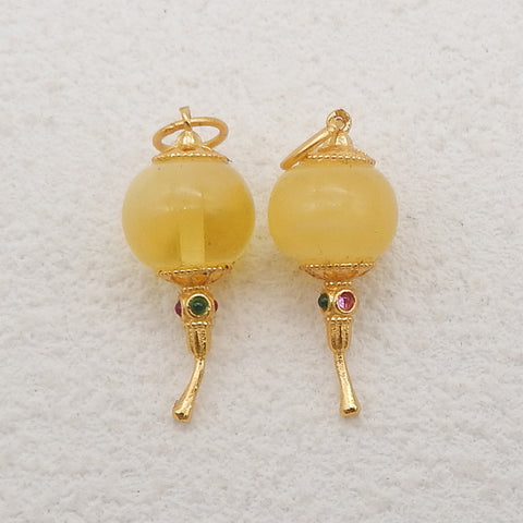 BITEFU 1Pair Silver Gold Plated Natural Amber Gemstone Earring Beads, Jewelry DIY Making Accessories, 1.3g