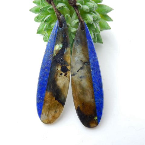 Paire de Boucles d'Oreilles Collées Nautual Labradorite Lapis Lazuli, 42x12x4mm, 7.7g