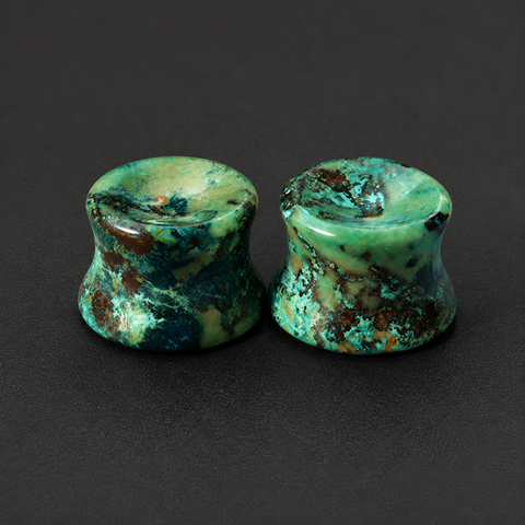 Natural Chrysocolla Mayan Flare Plugs with Concave Front & Back - Hand-Carved Gemstone Gauges (Sold as Pair)