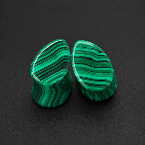Green Malachite Teardrop Ear Plugs - Double Flare Stone Gauges for Stretched Ears (Sold as Pair)