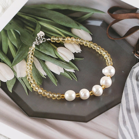 1 Strand Natural Yellow Quartz And Pearl Beads Bracelet,17-19cm,4×3mm,7mm,5.8g